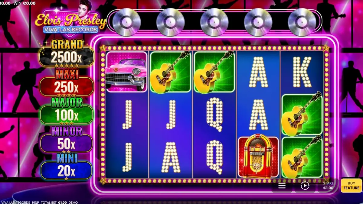 Tampilan visual slot Elvis Presley: Viva Las Records dengan tema panggung Vegas