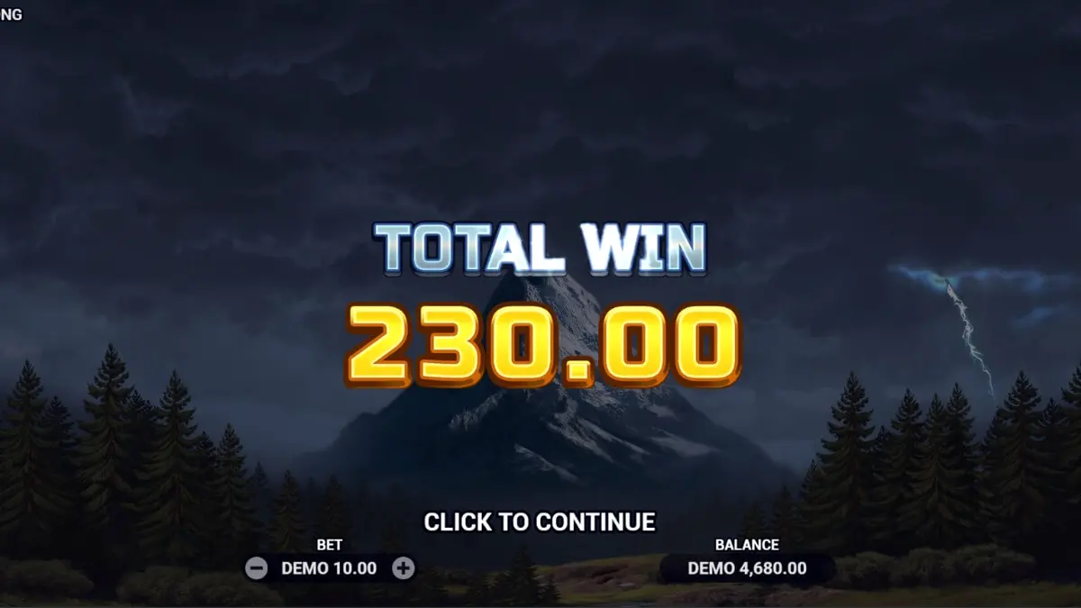 Tangkapan layar dari slot Young Eagle Song oleh Evoplay, menampilkan elang perkasa di atas gulungan dengan latar belakang hutan pinus dan langit badai.